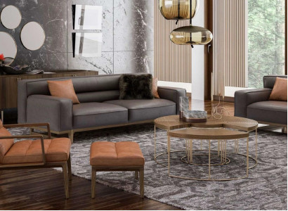 Braune Wohnzimmer Sitzgarnitur Luxuriöser 3-Sitzer Stivloller Sessel Polsterhocker